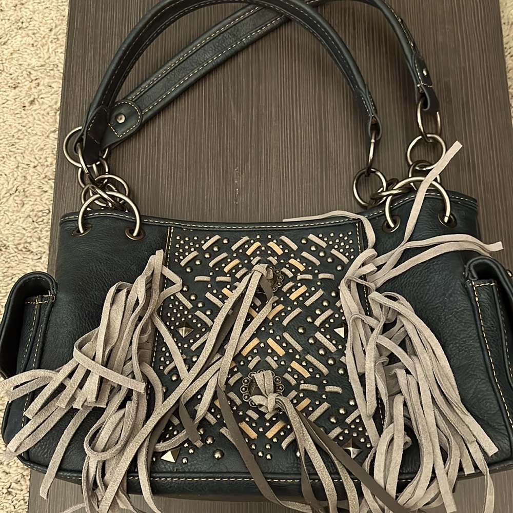 Dusty Blue Montana West handbag with leather/suede trim and fringe NEW